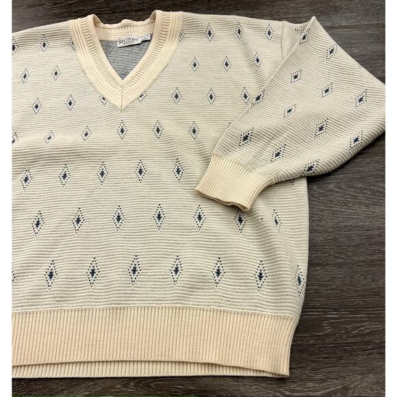 EUC Vintage St. Croix Knits Wool V Neck Sweater Cream Blue Diamond USA Made Sz L - Picture 15 of 16